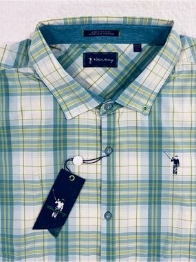 NWT William Murray Golf Blue Green Plaid Performance Button-Down Shirt